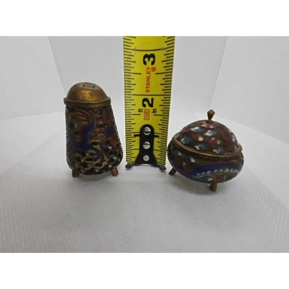Vtg Cobalt Cloisonne Lidded Mustard Pot & Salt Cellar Set Dragon Motif‎ Chinese